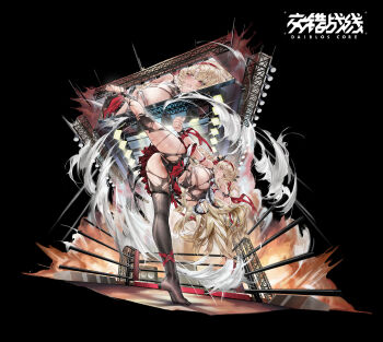 absurdres blonde_hair blush bodysuit bracelet breasts chinese_commentary cleavage commentary_request copyright_name crosscore faux_figurine fighting_stance hair_ornament hair_ribbon hairclip highres jewelry joyeuse_(crosscore) large_breasts leg_up long_hair looking_at_viewer navel no_shoes official_art parted_lips red_ribbon ribbon skindentation spiked_bracelet spikes standing standing_on_one_leg sweat thigh_strap torn_bodysuit torn_clothes underboob very_long_hair vinegar_kira wrestling_ring