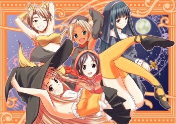 5girls :d adjusting_clothes adjusting_headwear ahoge animal_ear_fluff animal_ears ankle_lace-up aoyama_motoko arm_up armpits bandeau bare_shoulders bindi black_dress black_footwear black_hair black_headwear black_robe black_skirt black_sleeves blonde_hair blue_eyes blue_hair blunt_bangs blush blush_stickers bob_cut border breasts brown_eyes brown_hair cape china_dress chinese_clothes circle cleavage closed_mouth commentary cosplay cross dark-skinned_female dark_skin detached_sleeves drawstring dress english_commentary everyone fake_animal_ears flats foot_up framed frills frog_button full_moon gradient_sky green_eyes grin habit hair_ribbon hair_up halloween halloween_costume hat holding holding_cross hood hood_up jiangshi jiangshi_costume kaolla_su konno_mitsune large_breasts light_brown_hair little_red_riding_hood_(fairy_tale) little_red_riding_hood_(fairy_tale_character) little_red_riding_hood_(fairy_tale_character)_(cosplay) long_hair looking_at_viewer looking_to_the_side love_hina lying maehara_shinobu mandarin_collar medium_breasts midriff miniskirt moon multiple_girls narrowed_eyes narusegawa_naru night nirap nun ofuda on_back one_eye_closed open_mouth orange_border orange_ribbon ornate_border outside_border outstretched_arm panties pantyshot parted_bangs pom_pom_(clothes) qingdai_guanmao red_cape ribbon robe shirt shoes short_hair skindentation skirt sky sleeveless sleeveless_shirt small_breasts smile star_(sky) starry_sky strapless strapless_shirt stretching tail thighhighs tube_top twintails underwear very_long_hair very_short_hair werewolf_costume white_panties wide_sleeves witch witch_hat wolf_ears wolf_tail yellow_bandeau yellow_sleeves yellow_thighhighs