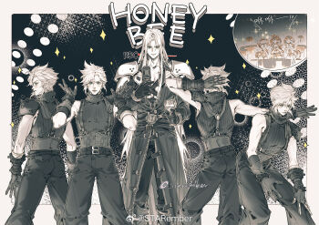 5boys aqua_eyes armor bare_shoulders belt black_gloves blue_eyes boots camera chest_belt chest_strap closed_mouth cloud_strife coat cup dancing english_text final_fantasy final_fantasy_vii gloves hair_between_eyes height_difference high_collar holding holding_camera holding_cup implied_yaoi jacket long_hair male_focus monochrome multiple_belts multiple_boys multiple_persona muscular muscular_male open_collar open_mouth pants parted_bangs parted_lips pauldrons sephiroth shirt short_hair shoulder_armor single_bare_shoulder sleeveless sleeveless_shirt sleeveless_turtleneck smile sparkle spiked_hair spot_color starember suspenders sword turtleneck twitter_username v watermark weapon weibo_watermark