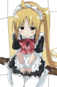 blonde_hair blush bocchi_the_rock! doritos_hair_(meme) highres ijichi_nijika loafers long_hair looking_at_viewer maho_ron1 maid meme red_eyes ribbon shoes