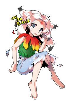 Rule 34 | 1girl, alphes (style), barefoot, black hair, blue eyes, blue skirt, capelet, colored tips, commentary request, dairi, defeat, facial mark, feather capelet, feathers, flat chest, forehead, forehead mark, fossilized wonders, full body, gradient feathers, green leaf, hand up, houjuu chimi, large variant set, leaf clothing, leaf shirt, long hair, looking at viewer, multicolored hair, open mouth, parody, red feathers, shirt, simple background, skirt, sleeveless, sleeveless shirt, solo, style parody, sweatdrop, tachi-e, torn capelet, torn clothes, torn skirt, touhou, translation request, transparent background, variant set, white hair, yellow feathers