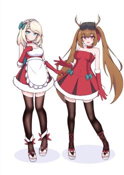 2girls :d absurdres apron bare_shoulders blonde_hair blue_eyes blush bow braid breasts brown_hair centaureissi_(girls&#039;_frontline_2) choker dress elbow_gloves full_body fur-trimmed_dress fur-trimmed_gloves fur_trim g36_(girls&#039;_frontline) girls&#039;_frontline girls&#039;_frontline_2:_exilium gloves hair_between_eyes hair_bow hair_ribbon hand_on_own_chest hand_up happy highres lenna_(girls&#039;_frontline_2) long_hair medium_breasts medium_hair multiple_girls open_mouth pink_eyes red_choker red_dress red_eyes red_gloves red_ribbon ribbon risu_(risu028) single_braid smile standing strapless strapless_dress thighhighs twintails ump9_(girls&#039;_frontline) very_long_hair visor_(armor) waist_apron white_apron