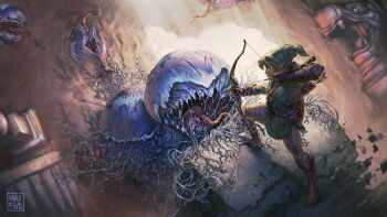 1boy aiming battle blonde_hair boots boss_fight bow_(weapon) brown_boots brown_gloves commentary drawing_bow english_commentary full_body gloves green_hat green_tunic hat highres holding holding_bow_(weapon) holding_weapon indoors link male_focus manhandla monster multiple_heads nintendo phrygian_cap plant_monster pointy_ears severed_head standing studystudiomax the_legend_of_zelda the_legend_of_zelda_(nes) tunic weapon