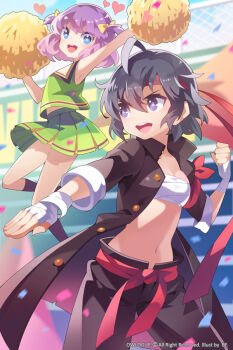 Rule 34 | 2girls, ahoge, anklet, aqua pupils, archived source, armband, artist name, banchou, bare arms, bare shoulders, bf. (sogogiching), black coat, black hair, black pants, black sleeves, black socks, bleachers, blouse, blue eyes, blue sky, blurry, blurry background, bow, breasts, budget sarashi, chain-link fence, cheering, cheerleader, chest sarashi, clenched hand, cloud, coat, collared coat, commentary request, company name, confetti, copyright notice, cowboy shot, delinquent, depth of field, english text, fence, gakuran, gold buttons, green shirt, green skirt, grey eyes, grey pupils, hachimaki, hair bow, hand wraps, headband, high collar, holding, holding pom poms, jewelry, jumping, korean commentary, legs apart, looking at another, mandrake girls 2, medium breasts, messy hair, midriff peek, miniskirt, multiple girls, navel, official art, open clothes, open coat, open mouth, outdoors, pants, photoshop (medium), pleated skirt, pom pom (cheerleading), pom poms, purple hair, red headband, red sash, sarashi, sash, school uniform, shirt, short hair, skinny, skirt, sky, sleeve cuffs, sleeveless, sleeveless shirt, socks, teeth, three-quarter sleeves, tied armband, tongue, torn clothes, torn coat, two side up, unbuttoned, upper teeth only, v-shaped eyebrows, wavy hair, yellow bow, yuri