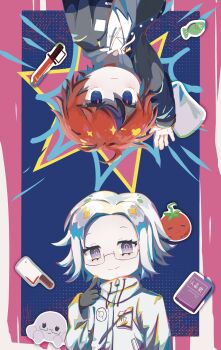 2boys absurdres ahoge animalization aotsuki_eito black_gloves black_streaks blue_background blue_eyes breast_pocket bright_pupils chinese_commentary cleaver commentary_request deformed drawstring fish foodification glasses gloves grey_hair grey_jacket hand_up highres hood hoodie jacket jacket_over_hoodie knife looking_at_viewer male_focus menglansrczj multicolored_hair multiple_boys octopus open_clothes open_jacket person_and_animalization pocket purple_eyes red_hair red_pupils short_hair smile streaked_hair sumino_takumi symmetry the_hundred_line_-last_defense_academy- two-tone_hair variant_set white_hoodie white_jacket white_pupils