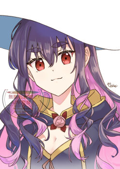 1girl breasts cleavage colored_inner_hair hat highres large_breasts long_hair looking_at_viewer multicolored_hair pink_hair purple_hair red_eyes sentai_red_ga_isekai_de_boukensha_ni_naru solo witch_hat yihdra_arvoln