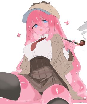 1girl absurdres black_panties black_thighhighs blue_eyes breasts coat collared_shirt colored_skin commentary_request deerstalker detective hair_between_eyes hat high-waist_skirt highres laceys_es large_breasts legs_apart long_bangs long_sleeves looking_at_viewer monster_girl necktie open_mouth original panties pantyshot pink_hair pink_skin pleated_skirt red_necktie shirt shirt_tucked_in simple_background sitting skirt slime_(substance) slime_girl slime_hair smoke smoke_trail smoking_pipe solo thighhighs thighs trench_coat underwear white_background white_shirt