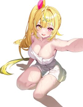 1girl :d absurdres ahoge blonde_hair blue_hair breasts cleavage commentary_request hair_flaps hair_intakes hair_ornament hair_ribbon heterochromia highres hoshikawa_sara large_breasts long_hair multicolored_hair naked_towel nijisanji open_mouth reaching reaching_towards_viewer red_eyes ribbon side_ponytail simple_background sitting smile solo streaked_hair sunamama4788 towel very_long_hair virtual_youtuber wet white_background x_hair_ornament yellow_eyes