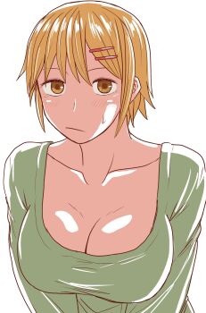 1girl axe934 blonde_hair breasts cleavage expressionless highres large_breasts short_hair sweat sweatdrop tagme