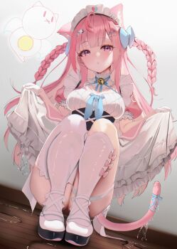 1girl absurdres ahoge animal_ears bell blue_bow blue_ribbon blush bow bow_legwear braid breasts cat_ears cat_girl cat_hair_ornament cat_tail commentary_request dress gloves hair_bow hair_ornament hairclip heart heart_print highres holding_own_dress indie_virtual_youtuber indoors jingle_bell large_breasts long_hair looking_at_viewer maid maid_headdress neck_bell neck_ribbon nekoi_(nekoi_0116) open_mouth pink_bow pink_dress pink_eyes pink_hair pink_tail ribbon shoes short_sleeves single_sock single_thighhigh socks solo squatting star_(symbol) star_hair_ornament tail tail_ornament tail_ribbon thigh_strap thighhighs thighs two_side_up virtual_youtuber wet_floor white_dress white_gloves white_shoes white_thighhighs wooden_floor yuuki_sakuna yuuki_sakuna_(3rd_costume)