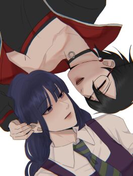 2girls black_choker black_hair blue_hair blunt_bangs boruto:_two_blue_vortex choker chromatic_aberration closed_eyes diagonal-striped_clothes diagonal-striped_necktie earrings glasses highres ifevilwhyuhot jacket jewelry kakei_sumire long_hair multiple_girls naruto_(series) necktie off_shoulder open_mouth purple_eyes sleeves_past_wrists smile strapless striped_clothes two-sided_fabric two-sided_jacket uchiha_sarada uchiha_symbol