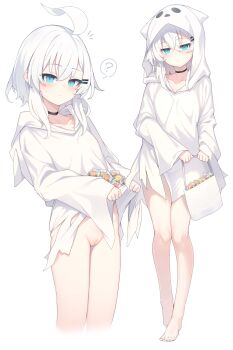 1girl ? barefoot blue_eyes censored hair_ornament highres hood mosaic_censoring multiple_views original otokuyou pussy ringo-chan_(otokuyou) white_background white_hair