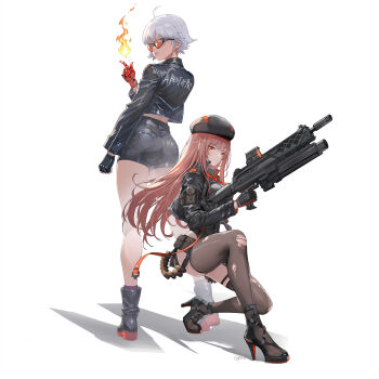 2girls ass asymmetrical_gloves beret black_boots black_gloves black_hat black_jacket black_shoes black_shorts boots brown_eyes brown_hair brown_thighhighs closed_mouth commentary_request cropped_jacket fire full_body genderswap genderswap_(mtf) glasses gloves goddess_of_victory:_nikke gun hat highres holding holding_gun holding_weapon jacket k&#039;_(kof) legs long_hair long_sidelocks long_sleeves looking_at_viewer midriff multicolored_boots multicolored_gloves multicolored_shoes multiple_girls rapi_(nikke) red_boots red_gloves red_shoes shoes short_shorts shorts sidelocks signature simple_background squatting standing the_king_of_fighters thighhighs thighs tiaogeng torn_clothes torn_thighhighs two-tone_boots two-tone_gloves two-tone_shoes weapon white_background