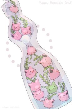 >_< alternate_color blowing_bubbles bottle bubble bubble_pipe closed_eyes commentary_request english_text gen_2_pokemon highres hoppip in_bottle in_container nintendo no_humans ojikano open_mouth pokemon pokemon_(creature) pokemon_focus ramune shiny_and_normal shiny_pokemon smile upside-down