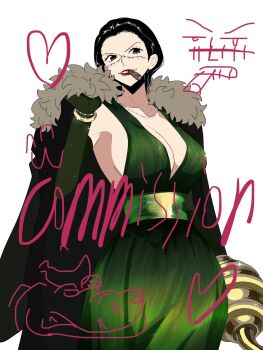 1girl bananawani_(one_piece) black_hair bracelet breasts chinese_commentary cigar cleavage coat commentary_request commission cowboy_shot crocodile_(one_piece) dress elbow_gloves genderswap genderswap_(mtf) gloves green_dress green_gloves hair_slicked_back heart highres holding holding_coat holding_unworn_clothes hook_hand jewelry kurenaikiyumi one_piece red_lips sash short_hair sideboob simple_background sleeveless sleeveless_dress stitched_face stitches unworn_coat white_background white_hair