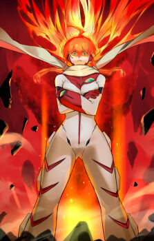 Rule 34 | + +, 1girl, ahoge, bodysuit, breasts, cross-shaped pupils, crossed arms, explosion, floating hair, gloves, green eyes, gunbuster pose, highres, looking at viewer, medium breasts, negresco, nono (top wo nerae 2!), orange-tinted eyewear, orange hair, red gloves, scarf, solo, sunglasses, symbol-shaped pupils, tinted eyewear, top wo nerae! (series), top wo nerae 2!, visor, white bodysuit, yellow scarf
