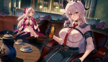 2girls absurdres black_gloves black_horns black_jacket black_pants bow breasts button_gap can carlotta_(wuthering_waves) chest_harness closed_mouth commentary crystal cup curled_horns dress drink_can earrings gloves grey_hair hair_between_eyes hair_bow hand_up harness high-waist_pants highres holding holding_can horns jacket jacket_on_shoulders jewelry large_breasts latte_art long_hair looking_at_viewer medium_breasts molyb multicolored_hair multiple_girls necktie pants pink_bow pink_jacket red_eyes red_necktie shirt_tucked_in sitting smile streaked_hair tight_clothes tight_pants white_dress wuthering_waves zani_(wuthering_waves)