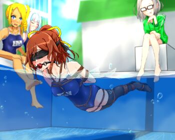 4girls ball_gag bdsm blindfold blonde_hair blue_hair bondage bound bound_arms bound_legs breasts brown_hair commentary_request crotch_rope drooling gag gagged glasses highres leggings long_hair multiple_girls nude original restrained saliva shibari short_hair swimsuit underwater white_hair wiffle_gag zetsu_red