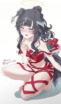 1girl absurdres animal_ears barefoot black_hair blue_archive blue_eyes blush breasts christmas coke_kat collarbone commentary_request dog_ears dog_girl dog_tail engineering_department_(blue_archive) halo heart heart_in_eye hibiki_(blue_archive) highres large_breasts long_hair looking_at_viewer naked_ribbon nude on_one_knee open_mouth ponytail red_ribbon ribbon simple_background symbol_in_eye tail thigh_focus thighs twitter_username white_background yellow_halo