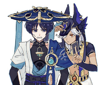2boys animal_ear_hood animal_ears armor arms_at_sides belt black_belt black_bodysuit black_bow black_bridal_gauntlets black_hood black_shrug black_sleeves blue_cape blue_gemstone blue_hat blue_kimono blue_sleeves blunt_ends bodysuit bow bridal_gauntlets cape card closed_mouth compression_sleeve covered_collarbone cyno_(genshin_impact) dark-skinned_male dark_skin detached_sleeves eyeliner eyeshadow fake_animal_ears feathers frown gem genius_invokation_tcg genshin_impact gold gold_belt gold_collar hair_over_one_eye half-closed_eyes hands_up hat highres holding holding_card hood jackal_ears japanese_armor japanese_clothes jingasa juban kimono kote kurokote layered_sleeves looking_at_another makeup mandarin_collar multiple_boys nose_muzumuzu open_clothes open_kimono open_mouth orange_eyes orange_gemstone pom_pom_(clothes) purple_eyes purple_hair purple_rope purple_sash red_eyeshadow rope sash scaramouche_(genshin_impact) short_sleeves shoulder_peek shrug_(clothing) sideways_glance sweatdrop tsurime twitter_username usekh_collar wanderer_(genshin_impact) white_background white_hair white_kimono white_mouth white_sleeves white_trim wispy_bangs yellow_feathers