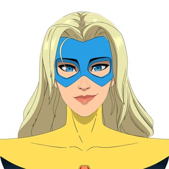 blonde_blazer blonde_hair blue_eyes blue_mask cape chest_jewel dispatch domino_mask eye_mask eyelashes gem long_hair mask official_art pink_lips superhero_costume yellow_cape
