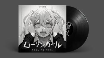 1girl album_cover bags_under_eyes bandage_on_face bandages black_sweater blood blood_on_face character_name collarbone collared_shirt commentary cover crazy crying crying_with_eyes_open doodle_inset double-parted_bangs english_commentary english_text eyebrows_hidden_by_hair film_grain furrowed_brow grey_background greyscale hair_between_eyes hands_on_own_head hands_up hatsune_miku highres injury long_eyelashes long_hair long_sleeves looking_at_viewer messy_hair monochrome nosebleed open_mouth portrait record_jacket ringed_eyes rolling_girl_(vocaloid) scar scar_on_face screaming shadow shirt sidelocks solo solo_focus song_name straight-on sweater tearing_up tears teeth thick_eyelashes tongue twintails v-neck vertigris vinyl_record vocaloid white_shirt wide-eyed wowaka