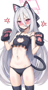 absurdres alternate_costume anger_vein animal_ear_hairband animal_ears animal_hands biting_own_lip black_bow black_gloves black_socks blue_archive blush bow cat_cutout cat_ear_hairband cat_ears cat_lingerie cat_paws cat_tail chai_mao cleavage_cutout clenched_teeth clothing_cutout collarbone fake_animal_ears flat_chest frills fur-trimmed_gloves fur_trim gloves gluteal_fold hair_between_eyes hair_bow hairband halo hands_up highres kei_(blue_archive) kei_(student)_(blue_archive) kneehighs loli long_hair long_hair_between_eyes looking_at_viewer navel paw_gloves rectangular_halo red_eyes red_halo ringed_eyes socks standing stomach strap_slip sweatdrop tail teeth thighhighs thighs upper_body very_long_hair white_hair zettai_ryouiki