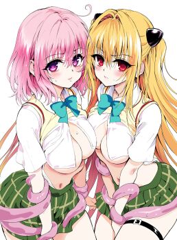 2girls absurdres black_straps blonde_hair blush bowtie breasts cardigan cleavage closed_mouth collarbone collared_shirt ear_blush female_focus green_bow green_bowtie green_skirt hair_ornament highres imminent_penetration imminent_rape imminent_vaginal konjiki_no_yami kyokucho large_breasts legs long_hair looking_at_viewer medium_hair midriff miniskirt momo_velia_deviluke multiple_girls navel no_bra pink_hair pleated_skirt purple_eyes red_eyes sainan_high_school_uniform school_uniform shirt shirt_tucked_in shirt_under_sweater short_sleeves simple_background skirt stomach sweat sweatdrop tentacles thigh_strap thighs to_love-ru to_love-ru_darkness twintails unbuttoned unbuttoned_shirt white_background white_shirt yellow_cardigan