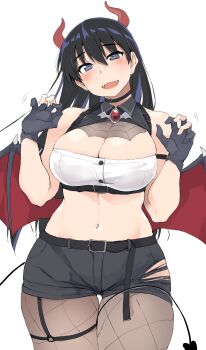 1girl arato_nagi belt black_belt black_eyes black_gloves black_hair black_shorts blush breasts brown_pantyhose cleavage commentary_request demon_wings fangs fishnet_pantyhose fishnets gloves highres horns large_breasts long_hair looking_at_viewer midriff navel open_mouth pantyhose partially_fingerless_gloves red_horns ruri_no_houseki short_shorts shorts simple_background smile solo white_background wings zekkyon