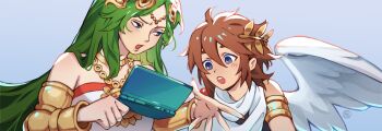1boy 1girl 4a4k4a angel angel_wings blue_background blue_eyes brown_hair chain circlet derivative_work gold_chain handheld_game_console highres holding holding_handheld_game_console kid_icarus kid_icarus_uprising laurel_crown looking_at_another nintendo nintendo_3ds open_mouth palutena pit_(kid_icarus) wings