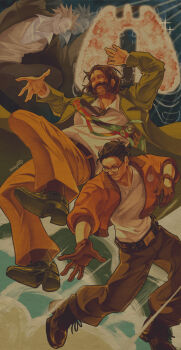 3boys belt black_hair blazer bomber_jacket brown_gloves brown_hair closed_eyes collared_shirt commentary disco_elysium english_commentary facial_hair full_body glasses gloves glowing_organ green_jacket grin hair_slicked_back hands_up harry_du_bois highres honeybreqd horrific_necktie jacket kim_kitsuragi knees_up lungs male_focus mullet multiple_boys mustache_stubble mutton_chops orange_jacket outstretched_arm pete_andre shirt shirt_tucked_in smile spiked_hair stubble vest white_shirt yellow_vest