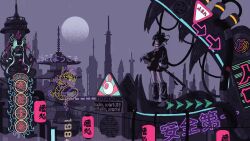 1984_(year) 1girl air_conditioner animated architecture black_hair city double_bun east_asian_architecture gaako_illust hair_bun neon_sign night rain standing sword tagme video weapon wind