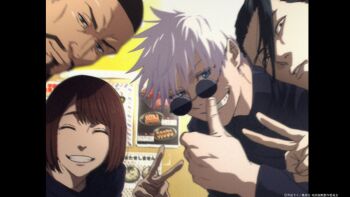 1girl 3boys :d ^_^ aged_down beard black_eyes black_hair black_jacket blue_eyes brown_hair closed_eyes commentary_request copyright_notice facial_hair film_grain getou_suguru gojou_satoru hair_between_eyes ieiri_shoko jacket jujutsu_kaisen jujutsu_tech_uniform looking_at_viewer multiple_boys official_art open_mouth pillarboxed round_eyewear short_hair smile studio_mappa teeth thumbs_up tinted_eyewear v white_hair yaga_masamichi