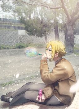 1boy black_pants black_shoes blonde_hair blowing_bubbles blush bubble_pipe cherry_blossoms day from_side hair_ornament hairclip hashtag-only_commentary highres holding long_sleeves male_focus ni_22 nijisanji outdoors pants petals photo_background profile shoes sitting soap_bubbles socks solo sweater tree twitter_username uzuki_kou virtual_youtuber white_socks