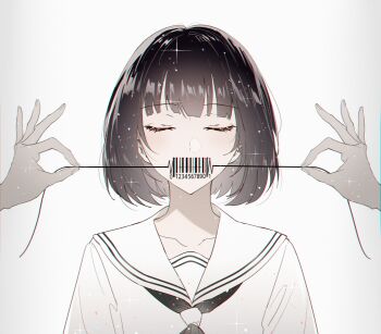 1girl absurdres barcode black_hair black_neckerchief blush cicirelrel closed_eyes closed_mouth commentary english_commentary facing_viewer highres holding holding_string long_hair neckerchief original sailor_collar shirt simple_background solo_focus string upper_body white_sailor_collar white_shirt