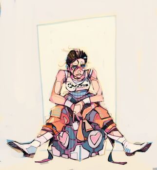 1girl alt_text aperture_science_weighted_companion_cube artist_name blue_eyes breasts brown_hair chell closed_mouth clothes_writing heart highres jumpsuit long_fall_boots medium_breasts michaelfirman no_pupils orange_jumpsuit portal_(series) simple_background sitting solo spread_legs tank_top white_tank_top