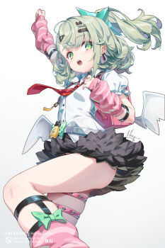 1girl arm_up arm_warmers ass backpack bag bandaid bandaid_hair_ornament black_skirt chinatsu_remiel earrings green_eyes green_hair hair_ornament highres hong_(white_spider) jewelry leg_warmers loli looking_at_viewer multicolored_leg_warmers multiple_hair_clips multiple_thigh_straps musical_note_earrings necktie one_side_up open_mouth pink_arm_warmers pink_bag pink_leg_warmers red_necktie shirt simple_background skirt solo standing standing_on_one_leg striped_arm_warmers striped_leg_warmers sunna_(zenless_zone_zero) thigh_strap two-tone_leg_warmers white_leg_warmers white_shirt winged_bag y2k_fashion zenless_zone_zero