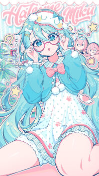 1girl :o ? absurdres adjusting_eyewear aqua_eyes aqua_hair artist_name character_doll character_name chestnut_mouth doll glasses hair_between_eyes hair_ornament hairclip halftone hands_up hatsune_miku highres long_hair long_sleeves looking_at_viewer low_twintails maegjuw megurine_luka open_mouth parted_lips paw_print sitting solo star_(symbol) takoluka twintails very_long_hair vocaloid