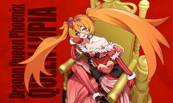 Rule 34 | 1girl, absurdres, bare shoulders, character name, commentary request, crown, dress, duel masters, from above, fur-trimmed dress, fur trim, gloves, hair between eyes, hand on own chin, highres, looking at viewer, off-shoulder dress, off shoulder, open mouth, orange hair, pantyhose, queen lupia (duel masters), red background, red dress, red eyes, red gloves, red pantyhose, sitting, sitting on throne, solo, striped clothes, striped pantyhose, thick eyebrows, throne, toriyarou, twintails, vertical-striped clothes, vertical-striped pantyhose
