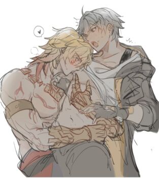 2boys armlet black_coat black_pants blonde_hair blush body_markings braid caelus_(honkai:_star_rail) coat commentary_request crown gauntlets gold_armlet gold_necklace gradient_hair grey_hair hair_between_eyes hair_ornament heart honkai:_star_rail honkai_(series) hood hooded_coat hug j7bge04 jewelry lapels licking licking_nipple long_sleeves looking_at_another male_focus medium_hair multicolored_hair multiple_boys muscular muscular_male mydei_(honkai:_star_rail) navel necklace nipple_stimulation nipples open_clothes open_coat open_mouth pants red_hair shirt short_hair simple_background single_braid speech_bubble spoken_heart sweat t-shirt tongue tongue_out topless_male trailblazer_(honkai:_star_rail) two-sided_coat two-sided_fabric v-shaped_eyebrows white_background white_shirt yaoi yellow_coat yellow_eyes