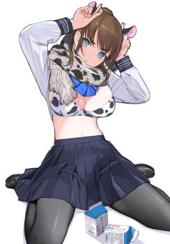 1girl :t absurdres animal_ears animal_print black_pantyhose blue_eyes blue_skirt bra breasts brown_hair chinese_zodiac cow_ears cow_print drink_carton highres horns_pose large_breasts loafers mibu_natsuki milk_carton new_year open_clothes open_shirt original pantyhose pleated_skirt ponytail print_bra print_scarf scarf school_uniform serafuku shoes simple_background skirt underwear white_background year_of_the_ox