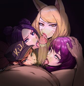 1boy 4girls ahri_(league_of_legends) akali angry animal_ears baseball_cap blonde_hair blue_eyes blue_hair blue_lips brown_eyes brown_hair clothes_writing cooperative_fellatio decensored double_bun dripping evelynn_(league_of_legends) eyeshadow facial_mark fellatio fox_ears fox_girl frown glaring hair_bun hand_on_another's_head hat high_ponytail highres idol k/da_(league_of_legends) k/da_ahri k/da_akali k/da_evelynn k/da_kai'sa kai'sa league_of_legends licking licking_penis lipstick long_hair looking_at_viewer makeup male_pubic_hair mascara multiple_girls open_mouth oral penis ponytail pov pubic_hair purple_hair purple_lips runny_makeup scofa scowl smegma stray_pubic_hair sweat swept_bangs teamwork_(sexual) third-party_edit tongue tongue_out whisker_markings yellow_eyes