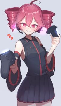 1girl ahoge bare_shoulders black_shirt black_skirt black_sleeves blush breast_pocket breasts buttons collared_shirt controller cowboy_shot detached_sleeves double-parted_bangs drill_hair game_controller grin hair_between_eyes hand_up headphones headset highres holding holding_controller holding_game_controller kasane_teto kasane_teto_(utau) looking_at_viewer pleated_skirt pocket push-button red_eyes red_hair red_trim shirt skirt skirt_set sleeveless sleeveless_shirt small_breasts smile solo standing thinker25075754 twin_drills utau wing_collar