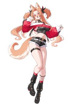 Rule 34 | 1girl, absurdres, animal ears, belt, black boots, black shirt, black shorts, boots, breasts, brown fur, brown hair, commentary, dog ears, dog girl, dog tail, english commentary, fran (gudanco (nyanmeowzer)), gudanco (nyanmeowzer), highres, jacket, large breasts, long hair, long sleeves, looking at viewer, navel, original, red jacket, round eyewear, shirt, short twintails, shorts, simple background, smile, solo, standing, sunglasses, tail, thigh belt, thigh strap, twintails, white background