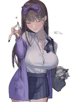 1girl absurdres black_nails black_skirt blush bow bowtie breasts brown_eyes brown_hair button_gap buttons character_doll cleavage collared_shirt commentary_request condom condom_wrapper_in_clothes cookie_(touhou) cowboy_shot dated doll earrings fingernails grin gyaru_v hair_bow heart highres hime_cut jacket jewelry large_breasts looking_at_viewer luna_child noukou_tonkotsu_korokke one_eye_closed open_clothes open_jacket pleated_skirt purple_bow purple_bowtie purple_jacket riran_youkyu shiriri_saikyo shirt shunga_youkyu simple_background skirt smile solo star_(symbol) star_earrings star_sapphire sunny_milk touhou undone_bowtie v white_background white_shirt