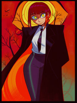 Rule 34 | 1girl, bare tree, black coat, black necktie, black pants, braid, braided ponytail, business suit, chain, chainsaw man, coat, collared shirt, commentary, feet out of frame, formal clothes, full body, hand in pocket, high-waist pants, highres, jojomama38, long hair, long sleeves, looking at viewer, makima (chainsaw man), necktie, pants, red background, red hair, ringed eyes, shirt, sidelocks, smile, solo, standing, suit, tree, white shirt, wide-eyed, yellow eyes