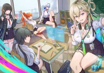 5girls absurdres alternate_costume aqua_necktie augusta_(wuthering_waves) black_choker black_hair black_jacket black_nails black_skirt blonde_hair book braid braided_bangs breasts cassette_player chisa_(wuthering_waves) choker classroom cleavage closed_mouth collarbone commentary_request desk earrings female_rover_(wuthering_waves) fengyu_ye galbrena_(wuthering_waves) grey_hair grin hair_between_eyes hair_ornament hair_ribbon hand_up headphones headphones_around_neck highres holographic_interface id_card indoors jacket jewelry large_breasts long_hair looking_at_another looking_at_viewer low_ponytail lynae_(wuthering_waves) medium_hair multiple_girls nail_polish necktie on_desk open_book orange_hair pencil ponytail purple_eyes red_eyes red_ribbon ribbon rover_(wuthering_waves) shirt shirt_tucked_in sitting skirt skull_hair_ornament smile spray_can star_(symbol) star_earrings v waving white_shirt wuthering_waves