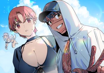 1boy 2girls absurdres angel_wings angra_mainyu_(fate) baseball_cap bazett_fraga_mcremitz bazett_fraga_mcremitz_(fist_of_hail) bikini black_bikini black_hair black_shrug blue_sky breasts caren_hortensia caren_hortensia_(angel_heart) cleavage cloud collarbone commentary_request dark-skinned_male dark_skin detached_wings fate/grand_order fate_(series) full-body_tattoo grin hat highres hood hood_up hooded_jacket jacket large_breasts looking_at_viewer multiple_girls noko_morokoshi official_alternate_costume open_clothes open_jacket outdoors parted_bangs red_eyes red_hair short_hair shrug_(clothing) sky smile swimsuit tattoo w wings yellow_eyes