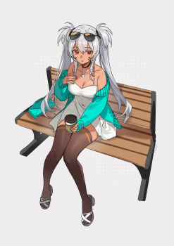 1girl alabama_(azur_lane) ariko_(aaaaarik) azur_lane bare_shoulders bench black_choker blue_nails breasts choker cleavage dark-skinned_female dark_skin expressionless eyewear_on_head from_above full_body hair_between_eyes hand_on_own_chest heart heart_necklace high_heel_sandals high_heels highres jewelry knees_together_feet_apart long_hair looking_at_viewer looking_up medium_breasts necklace on_bench orange_eyes park_bench sandals sitting solo sunglasses thighhighs twintails very_long_hair white_hair