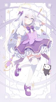 1girl absurdres ahoge arm_up azusa_(blue_archive) blue_archive bow commentary_request crescent feathered_wings gaaratelier gloves grey_eyes grey_hair hair_between_eyes hair_bow hair_intakes highres long_hair looking_at_viewer magical_girl one_side_up parted_lips puffy_short_sleeves puffy_sleeves purple_bow purple_shoes purple_skirt shirt shoes short_sleeves skirt solo standing standing_on_one_leg thighhighs very_long_hair w white_background white_gloves white_shirt white_thighhighs white_wings wings